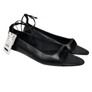 NEW Zara 40 Open Toe Flat Shoes Buckle Ankle Strap Black Leather Minimalist